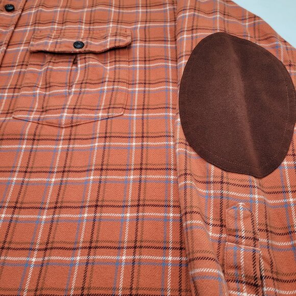 L.L. Bean Mens Plaid Flannel Shirt Orange Brown Elbow Patches Large Outdoorsman - Picture 2 of 9
